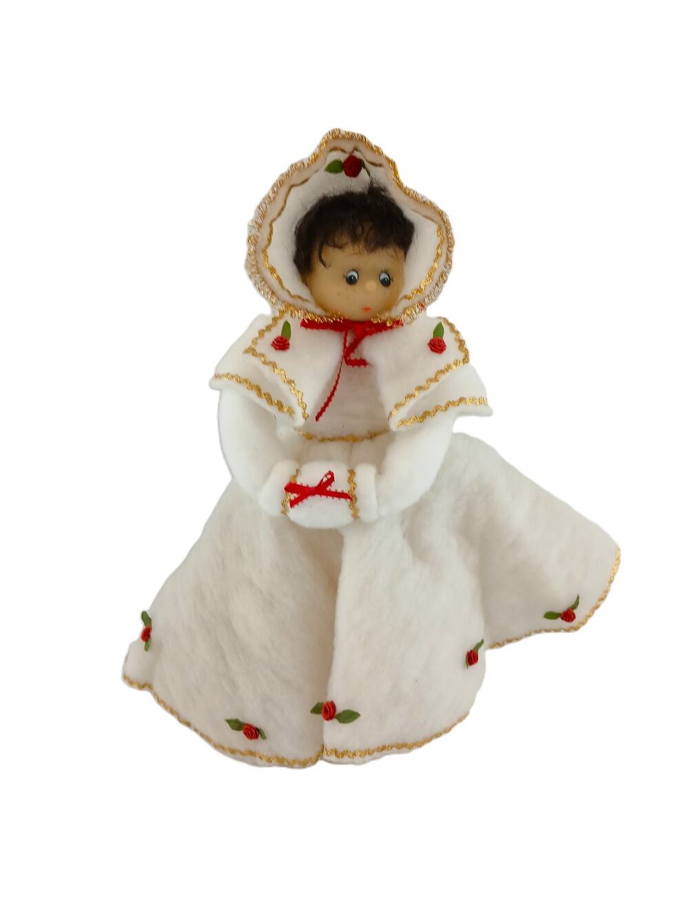 Vintage Mitzi Head Bottle Doll 18" White Winter Cape Red Roses Homemade Decor
